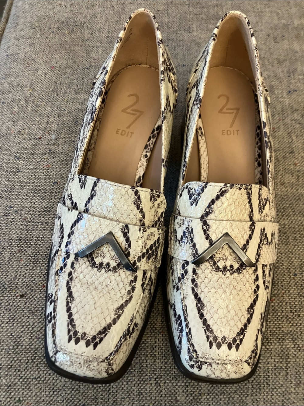Nordstrom Ivory Snake-Print Loafers with Metal Chevron Accent